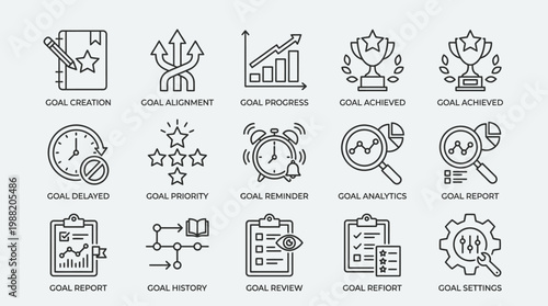 Business Goal Setting and Achievement Icon Set for Planning and Progress Tracking.