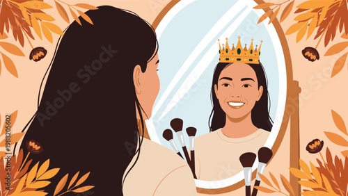 Confident woman looking at her reflection in a mirror sees herself wearing a golden crown representing self-love, confidence, and inner royalty.