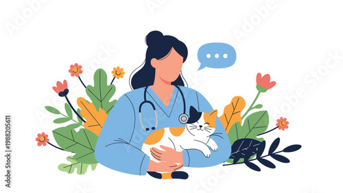 Kind female veterinarian wearing a stethoscope gently holds a sleeping cat surrounded by a decorative arrangement of plants and flowers.