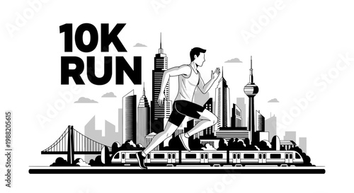 Energetic Athlete Running A 10k Race Through Modern Cityscape Silhouettes Illustraion