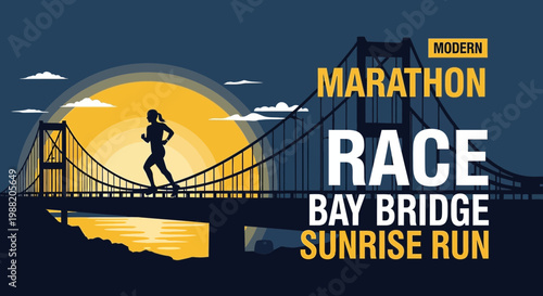 Energetic Athlete Running Across the Iconic Bridge During Golden Sunrise Marathon Bay Race