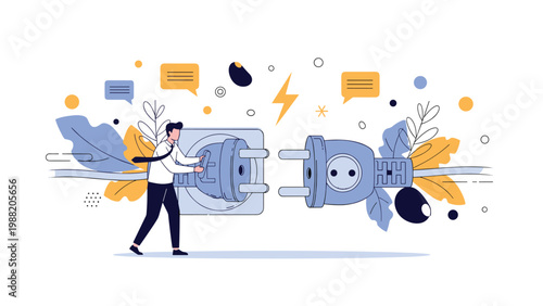 Man in a white shirt and tie works to connect two large electric plugs surrounded by leaves and speech bubbles representing energy and connection.