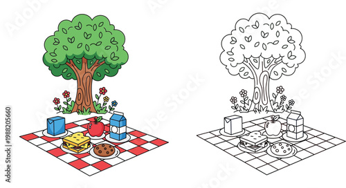 Cartoon outdoor picnic scene illustration with food, blanket, and tree. Includes a matching black and white line art coloring page outline version for kids.