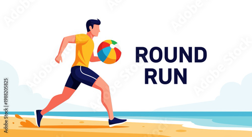 Energetic Athlete Running on the Beach with Beach Ball for Recreational Exercise