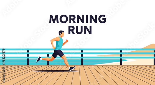 Energetic Runner Embracing a Morning Coastal Run Along Boardwalk for Fitness and Wellness