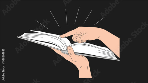 Two hands hold an open book while a finger points to the text with bright rays of light and knowledge shining from the pages.
