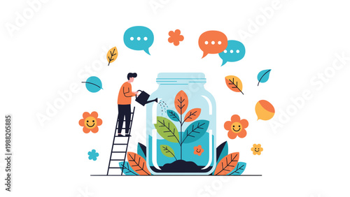 Man standing on a ladder waters a green plant growing inside a large glass jar while surrounded by floating leaves and icons.