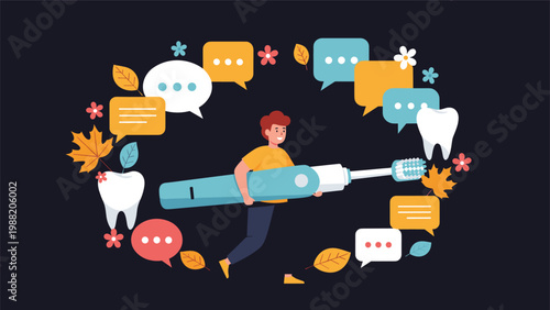 Young boy carries a massive electric toothbrush while running through a circle of dental icons leaves and speech bubbles.
