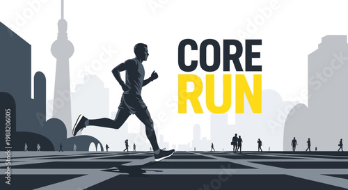 Energetic Runner Silhouetted in Urban Landscape with Core Run Message Displayed Clearly