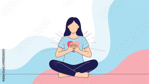 Woman sits cross-legged in a meditative pose while holding a pink heart symbol over her chest to show self-love and peace.