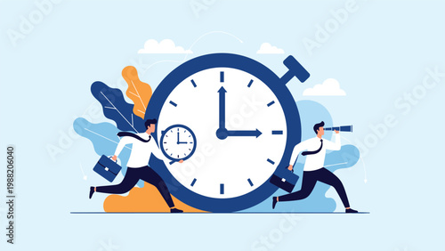 Two professional businessmen run frantically around a huge stopwatch to represent a race against time and deadlines.