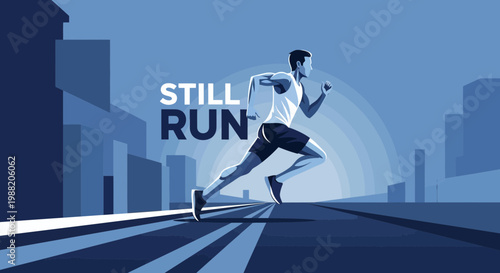 Energetic Runner Silhouetted on City Roadway, Achieving Fitness, Running and Striving