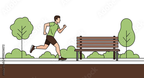 Energetic Runner Exercising Outdoors Near Park Bench on Sunny Day, Vector Illustration