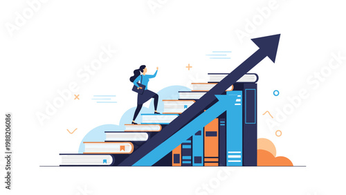 Ambitious woman walks up a staircase made of books while a large blue arrow points upward to show career and learning growth.