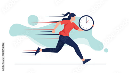 Energetic woman runs at high speed while carrying a large clock to represent being in a hurry or managing time pressure.