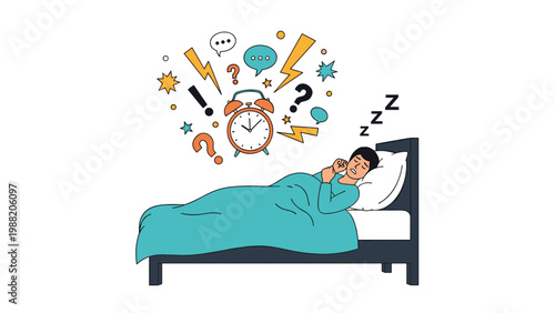 Man sleeping in his bed dreams of a loud alarm clock surrounded by stressful symbols like thunder and question marks.