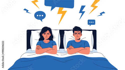 Angry man and woman sitting in bed with crossed arms and lightning bolts representing marriage conflict and relationship problems.