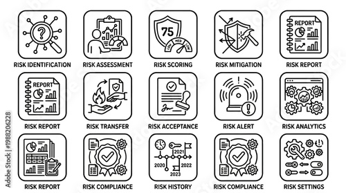 Risk Management Icons Set for Business Strategy and Security.