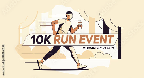 Energetic Runner Holding Coffee Cup Participating In A 10K Event During The Morning Hours