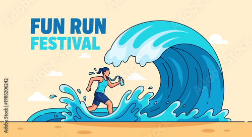 Energetic Fun Run Festival Scene Depicting a Runner Confronting a Large Tidal Wave Vector