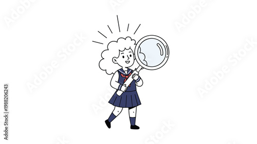Cute schoolgirl in sailor uniform holding a giant magnifying glass looking for clues or discovering new knowledge with curiosity.