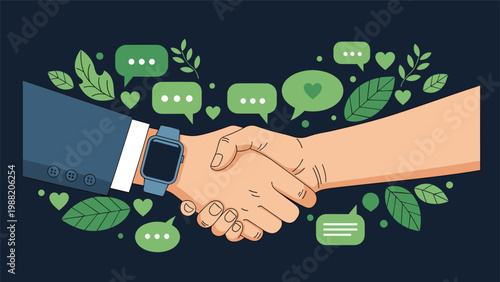 Close up of professional handshake in front of green leaves hearts and speech bubbles representing eco friendly business partnerships.