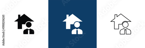 Property Management Icon Solid and Outline Styles. Comprehensive property management icon collection in blue flat style, covering real estate services, contracts, payments, maintenance, and smart prop