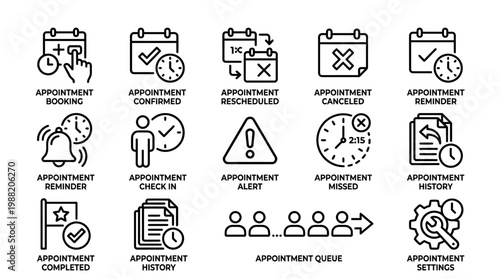 Set of appointment management and scheduling line icons for business and healthcare applications.