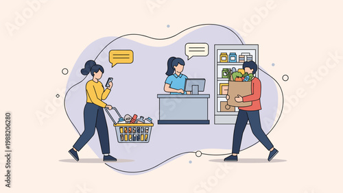 Customers shopping at grocery store with cashier at checkout counter and various items in baskets and bags in modern supermarket.