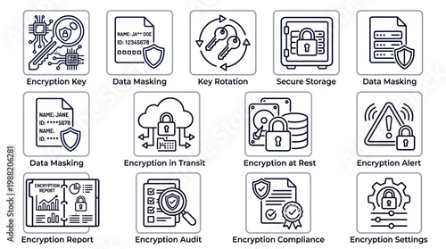 Collection of Data Encryption and Cybersecurity Icon Set in Hand Drawn Sketch Style.