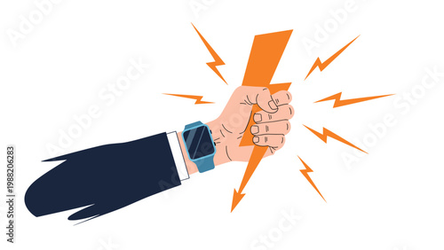 Powerful hand in business suit sleeve clutching a glowing orange lightning bolt symbolizing energy strength and control in career.