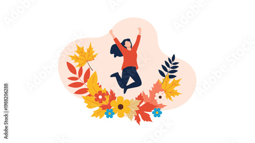 Joyful woman jumping for joy among colorful autumn leaves and flowers representing happiness and celebration of the fall season.
