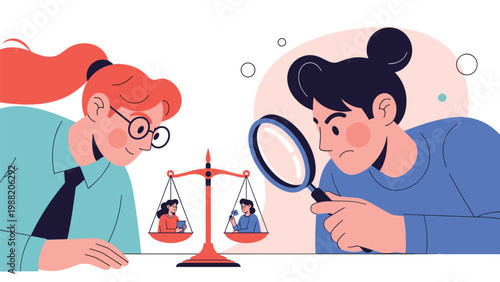 Two women using magnifying glass to examine characters on a balance scale representing recruitment selection and human evaluation process.