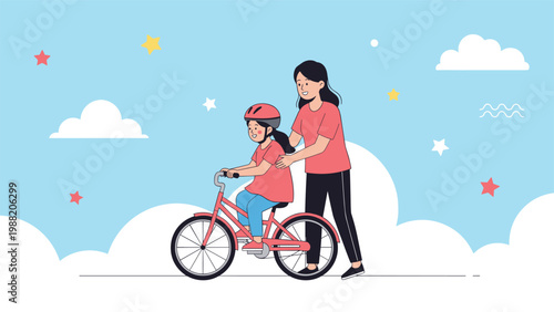 Loving mother teaching her young daughter how to ride a bicycle in dreamlike sky with clouds stars and soft colors for parenting.