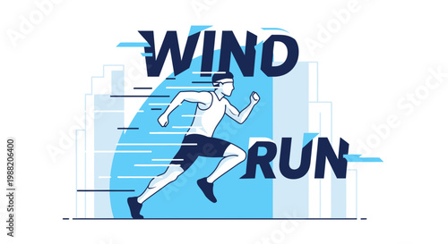 Energetic Runner Sprinting Against the Wind and Urban Landscape in Dynamic Illustration