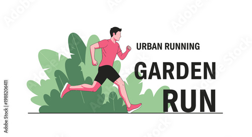 Energetic Athlete Sprinting in a Lush Garden Setting with Urban Running Elements