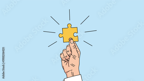 Single hand raises a bright yellow puzzle piece towards the sky to represent finding the final solution or the perfect fit for a task.