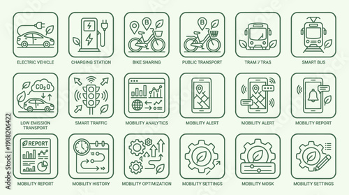 Collection of Icons Representing Smart City Mobility and Sustainable Transportation Solutions.