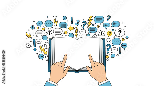 Creative thoughts and ideas burst forth from an open book as hands rest on the pages to represent the power of reading and learning.