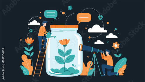 Dedicated individuals nurture plant growth inside a glass jar while observing the process through a telescope for business success.
