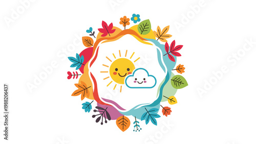 Smiling sun and cloud are centered within a vibrant wreath of colorful leaves to celebrate the joy of nature and the changing seasons.