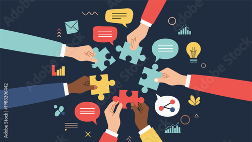 Diverse team of individuals works together to assemble a complex puzzle symbolizing effective collaboration and unity in the workplace.