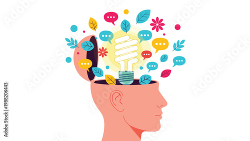Bright light bulb glows inside an open human head surrounded by colorful leaves and speech bubbles depicting creative and innovative ideas.