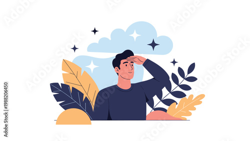 Young man shields his eyes and looks into the distance against a backdrop of clouds and stars to signify a search for new horizons.