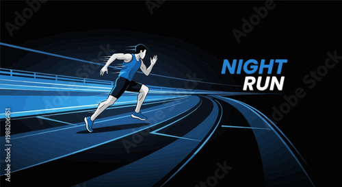 Energetic Runner Sprinting at Night on a Curved Track, Illuminated by Blue Hues