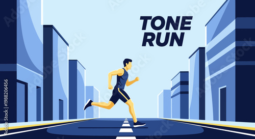 Energetic Runner Sprinting Down Urban Roadway in Digital Illustration Design