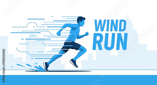 Energetic Athlete Sprinting In Downtown Cityscape, Vector Illustration In Stylish Blue Tones