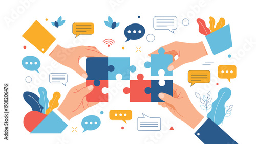 Group of hands from diverse backgrounds come together to connect puzzle pieces as symbols of collaborative teamwork and unified goals.