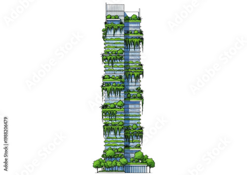 Eco-friendly skyscraper with lush vertical gardens and rooftop trees