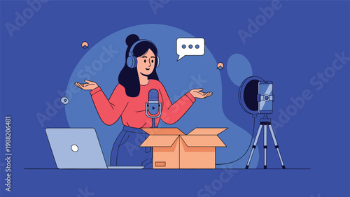 Creative young woman records a podcast or unboxing video with professional equipment for her online audience in a modern studio setting.